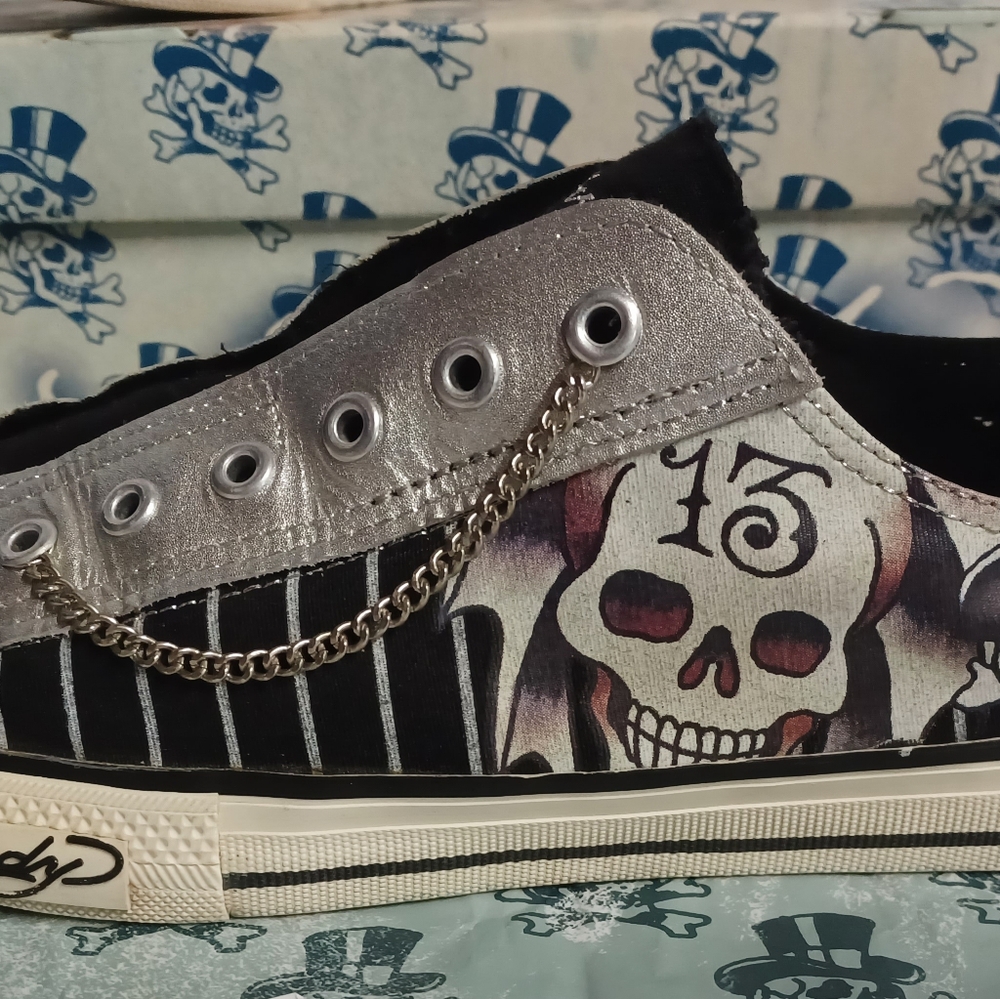 Mens Ed Hardy Skull Size 12 White Lowrise Sneakers Slip On Shoes Laceless Skulls